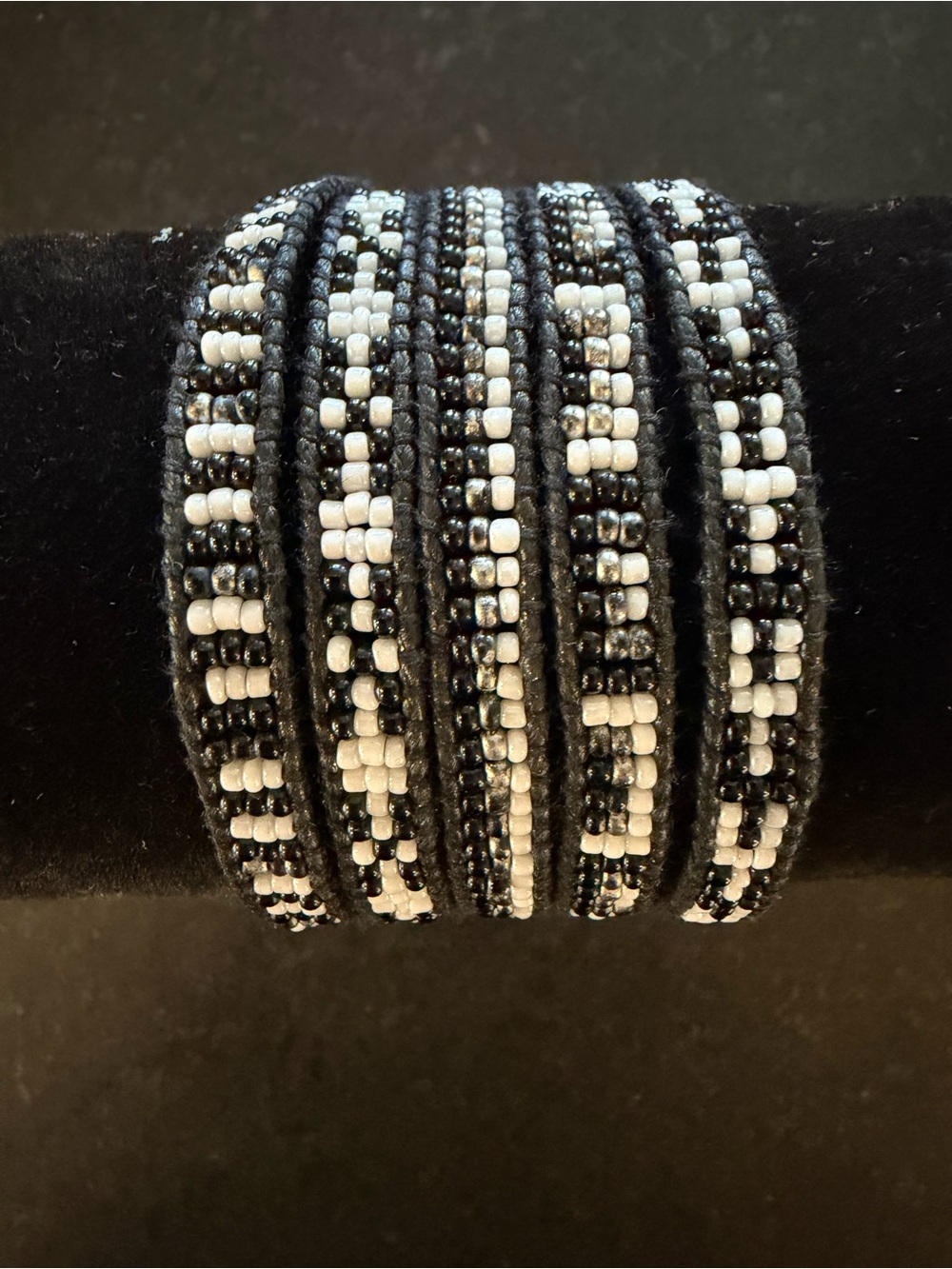 Black and White Beaded Wrap Bracelet with Burnished Silver Button Closure